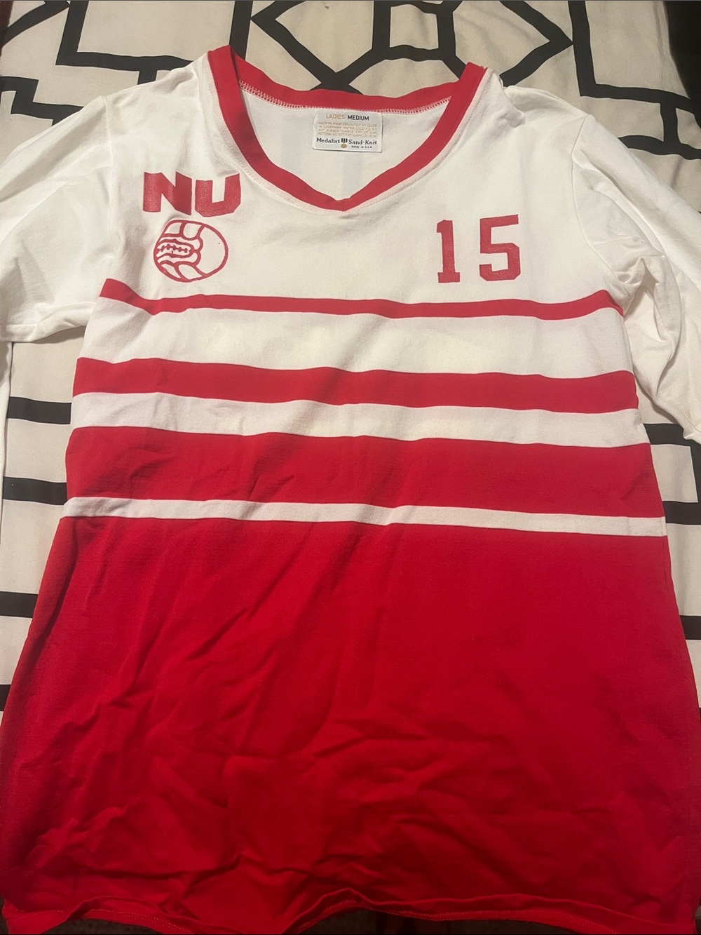 Red and White Striped Athletic Tee with '15'